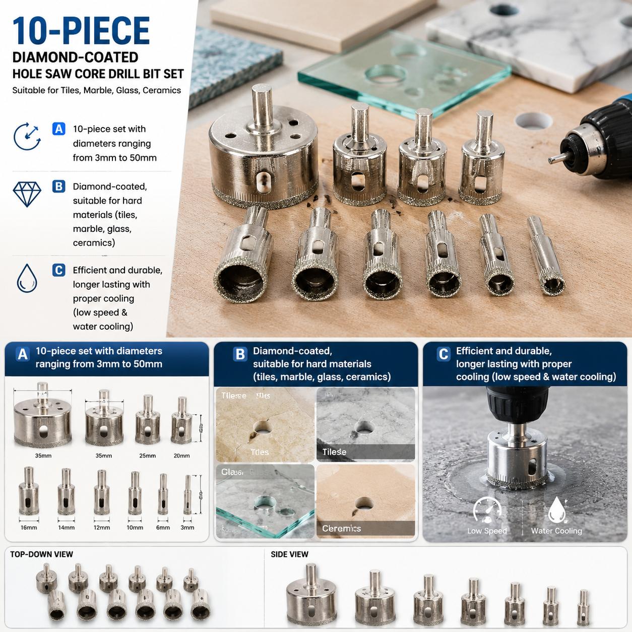 Reciprocating Saw Attachment Drill - Zestaw wierteł diamentowych 10 sztuk, wysokiej